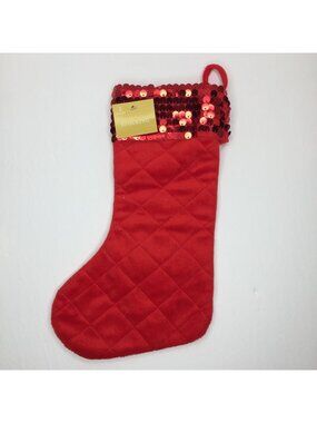 Red Christmas Holiday Decor Stocking Quilted Faux Velvet Velveteen Sequin Cuff